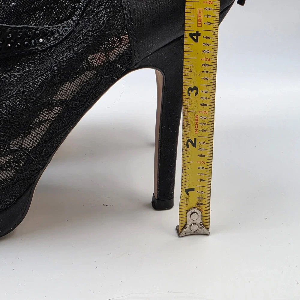 J. Renee Yael-3 Black Lace Rhinestone Peep Toe Bootie Heels Womens 8.5 J8-102